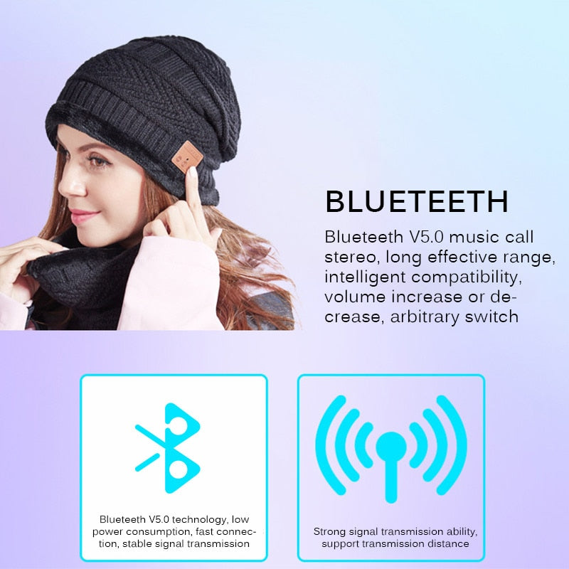 Winter Bluetooth 5.0 Beanie and Scarf with Headphone Speaker Mic